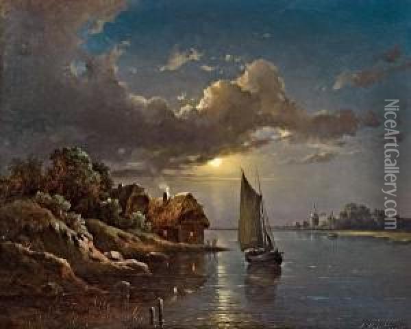 Niederlandische Kustenlandschaft Bei Mondschein Oil Painting - Edmund Mahlknecht