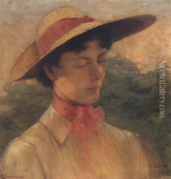Young Girl With A Hat Oil Painting - Georgios Jakobides