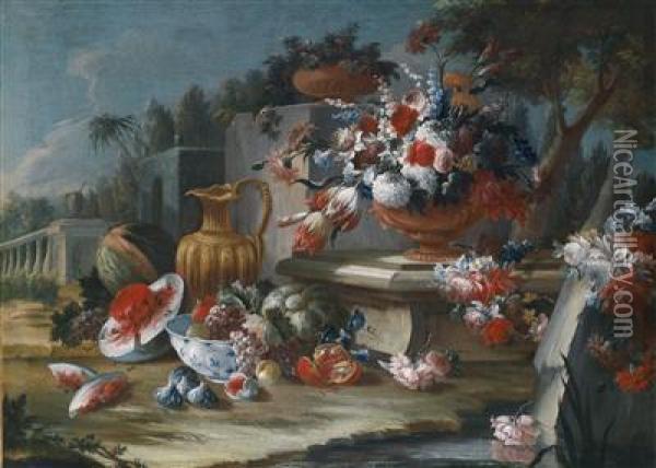 A Still Life With Flowers And Fruit In A Park Landscape Oil Painting - Giuseppe Lavagna