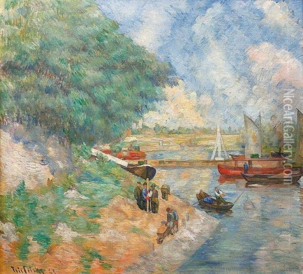 Surveying Works In A Harbour Of The River Elbe Oil Painting - Fritz Friedrichs
