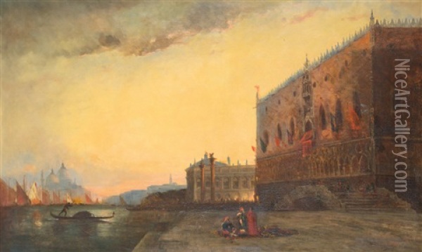 Venise - Dogenpalast Und Einfahrt Zum Canal Grande Im Abendrot Oil Painting - Edouard-Jacques Dufeu