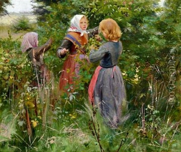Three Little Girls Picking Blackberries Oil Painting - Hans Andersen Brendekilde