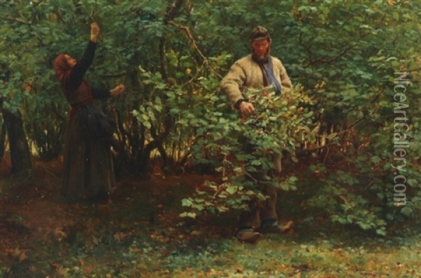 A Couple In The Woods Gathering Hazelnuts Oil Painting - Hans Michael Therkildsen