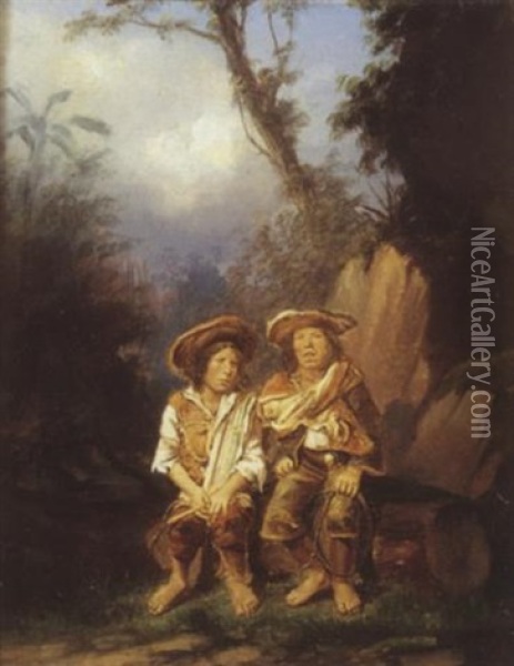 Deux Hommes Assis Sur Un Tronc D'arbre, Amerique Du Sud Oil Painting - Louis Amable Crapelet