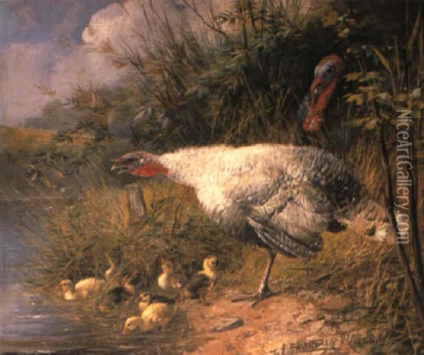 Defending The Ducklings Oil Painting - Julius Scheuerer