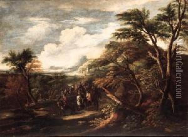 A Cavalry Troop In A Wooded Landscape, A Town Beyond Oil Painting - Pandolfo Reschi