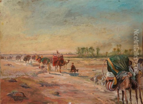 Caravane Arrivant A L'oasis Oil Painting - Patten Wilson