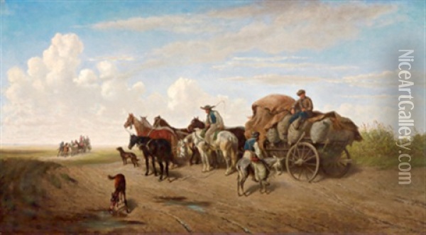 In Der Puszta, Bauern Auf Ihren Fuhrwerken Oil Painting - Heinrich Lang