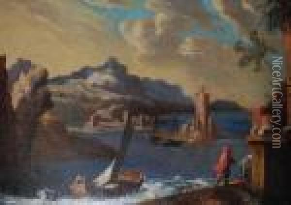Paesaggio Marino Turrito Con Figure E Barche Oil Painting - Orazio Grevenbroeck