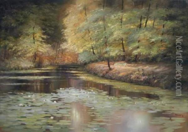 Seerosenteich In Herbstlicher Waldlandschaft Oil Painting - Jan Bukowski