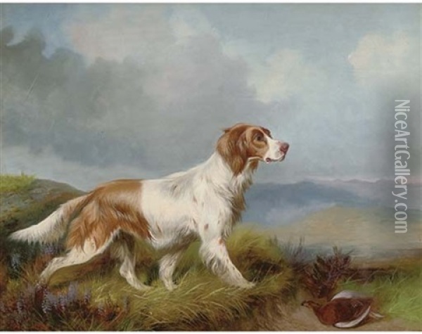 A Setter Retrieving A Grouse, In An Extensive Landscape Oil Painting - Colin Graeme