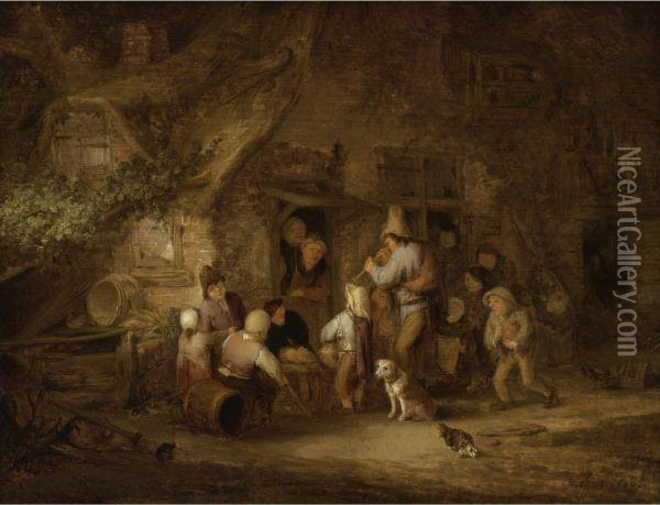 A Man Playing The Shawm At A Rustic Cottage Door Oil Painting - Adriaen Jansz. Van Ostade