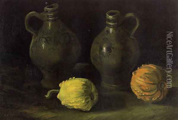 Still Life With Two Jars And Two Pumpkins Oil Painting - Vincent Van Gogh