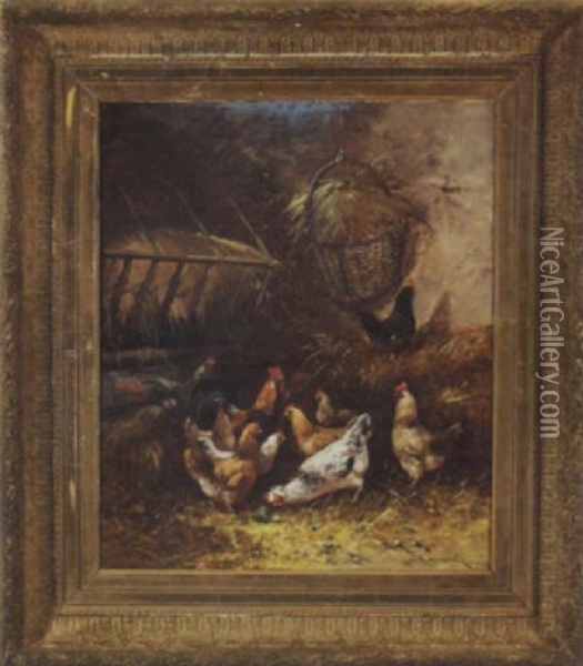 Poultry In A Henhouse Oil Painting - Edmond Van Coppenolle