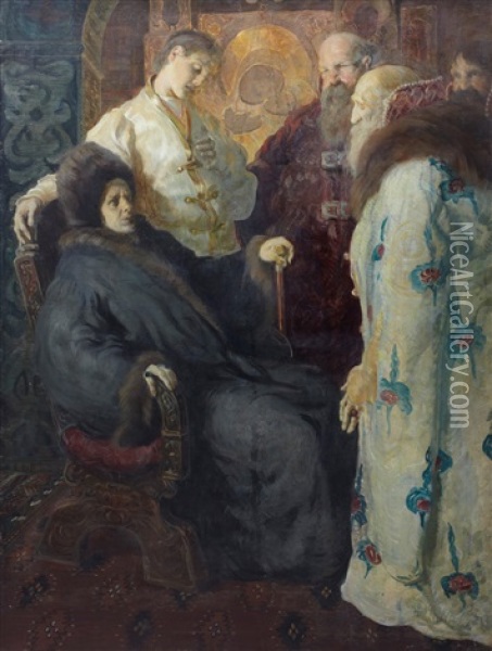 The Ambassadors Of The Zemsky Sobor Trying To Convince The Nun Marfa That Her Son Mikhail Fyodorovich Romanov Should Accept The Crown Oil Painting - Konstantin Egorovich Makovsky