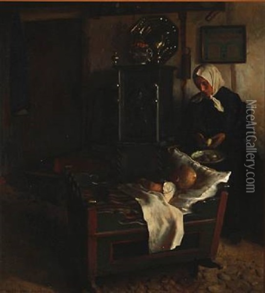 Country Interior With A Woman And A Child Oil Painting - Valdemar Kornerup