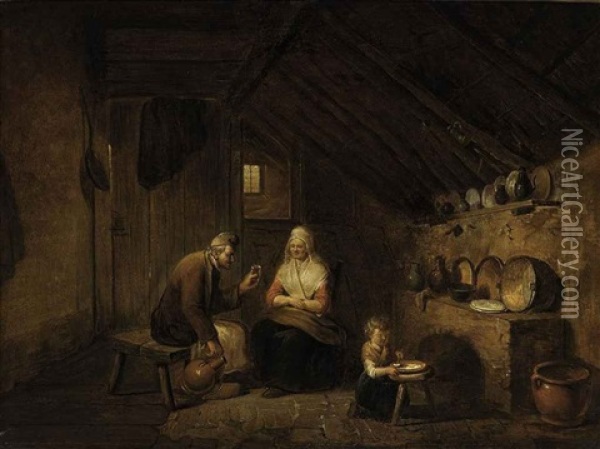 A Peasant Family In A Kitchen Interior Oil Painting - Juliaen Teniers the Younger