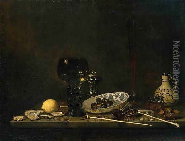 Still-Life with Romer, Flute Glass, Earthenware Jug and Pipes 1651 Oil Painting - Jan Jansz. Van De Velde