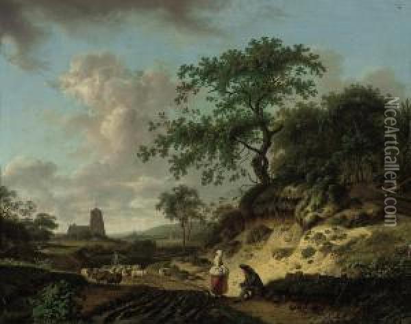 A Wooded Landscape With Peasants
 Conversing By A Track And A Droverwith His Herd, A Church Beyond Oil Painting - Hendrick Willelm Schweickhardt