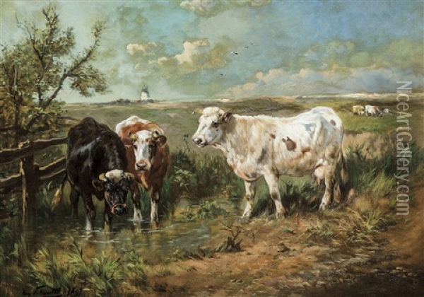 Polderlandschap Met Koeien Bij De Drenkplaats - Vaches Pres D'un Abreuvoir Dans Les Polders Oil Painting - Henry Schouten