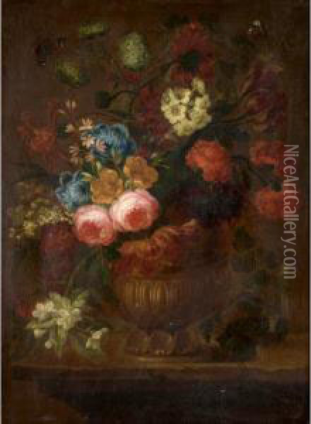 A Still Life Of Various Flowers In A Stone Vase Resting On A Ledge Oil Painting - Gaspar-pieter The Younger Verbruggen