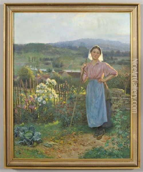 Young Woman In A Flower Garden Oil Painting - Jean Beauduin
