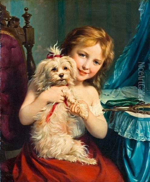 A Young Girl With A Bichon Frise Oil Painting - Fritz Zuber-Buhler