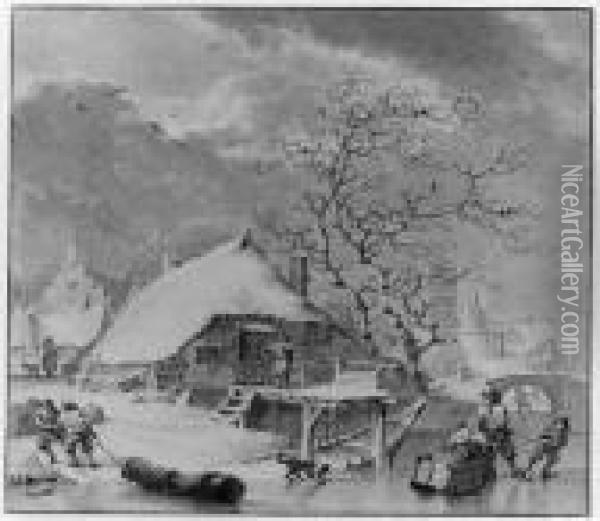 Winter: Figures On The Ice Near A House, A Church Beyond Oil Painting - Hendrik Meijer
