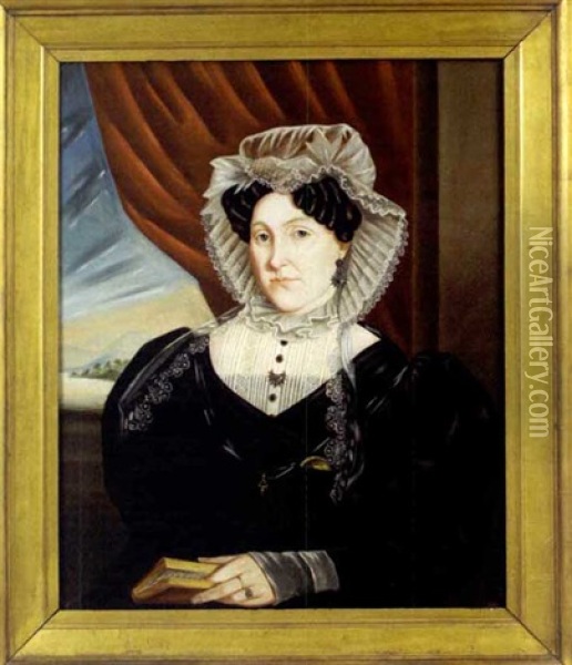 Half-length Portrait Of Mrs. Rice Of New London, Connecticut, Beside Window With Red Drapery And Book Oil Painting - Isaac Sheffield