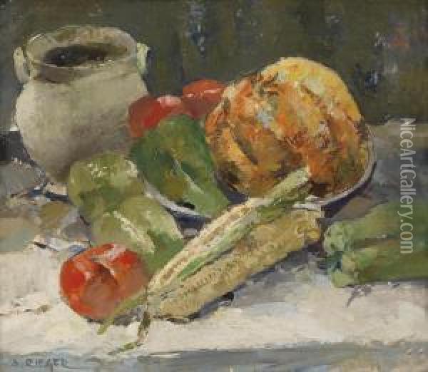 Still Life With Fruit And A Jug Of Lard Oil Painting - August Rieger