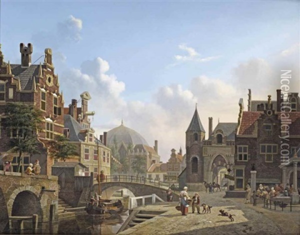 A Capriccio View Of A Sunlit Dutch Town Oil Painting - Jan Hendrik Verheyen