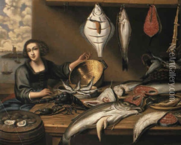 A Fishwife At A Fish-stall, An Estuary Seen Through A Casement Beyond Oil Painting - Willem Ormea