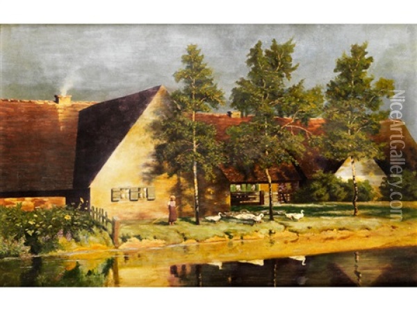 Gansehirtin Am Ufer Vor Rot Gedeckten Gehoften Mit Davorstehenden Birken Oil Painting - Paul Wilhelm Keller-Reutlingen