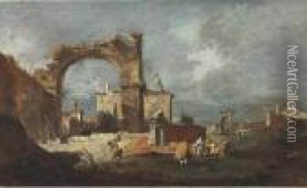 A Capriccio With A Ruined Arch And A Villa Beyond, Figures In Theforeground Oil Painting - Francesco Guardi