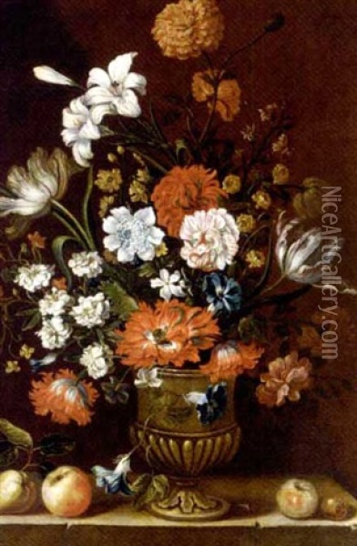 Tulips, Peonies, Lilies And Other Flowers In An Urn With Fruit On A Ledge Oil Painting - Pieter Casteels III