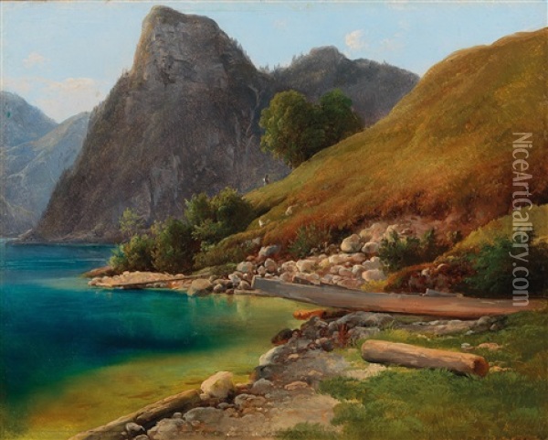 A View Of Mount Sonnstein By Lake Traunsee Oil Painting - Franz Steinfeld