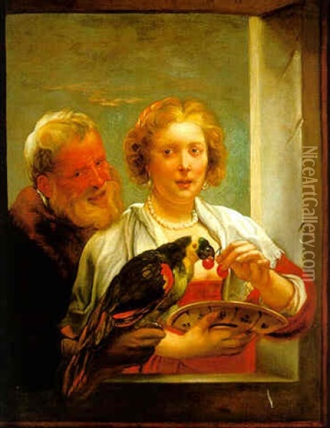 An Ill-matched Couple With A Parrot Oil Painting - Jacob Jordaens
