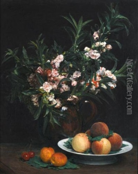 Nature Morte (balsamines, Peches Et Abricots) Oil Painting - Henri Fantin-Latour