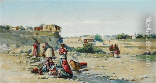Caucasian Landscape With Russian Women Fetching Water At A Stream Oil Painting - Richard Karlovich Zommer