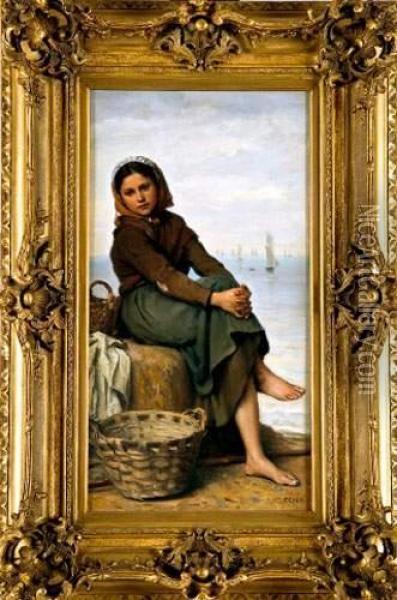 Femme De Pecheur Attendant La Rentree Des Bateaux Oil Painting - Jacques Eugene Feyen