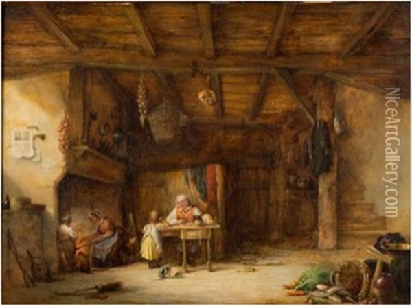 A Cottage Interior; Father And Daughter At A Table, Mother And Son At The Fireplace Oil Painting - Nicholas Condy