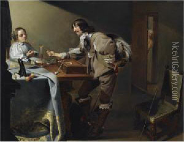 An Interior Scene With A 
Cavalier Offering A Flower To A Lady, While Making An Obscene Gesture Oil Painting - Jacob Duck