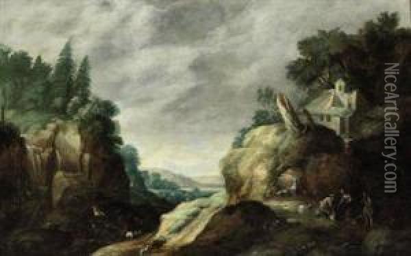 A Mountainous River Landscape With Herdsmen Near A Waterfall Oil Painting - Gillis Egidius I Peeters