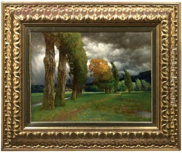 Herbstliche Bachlandschaft Mit Kirchdorf Oil Painting - Hermann Traugott Rudisuhli
