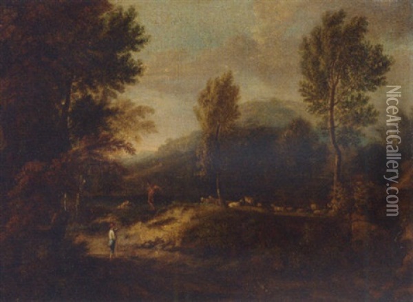 A Shepherd And Other Figures In A Landscape Oil Painting - Gaspard Dughet