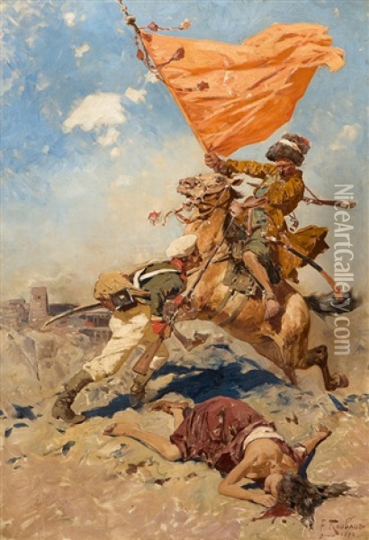 Kaukasischer Reiter Im Kampf Mit Russischem Soldaten Oil Painting - Franz Roubaud
