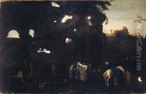 An Elegant Party Visiting A Gypsy Encampment In A Grotto Oil Painting - Filippo D Angeli