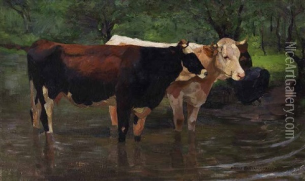 Zwei Stehende Kuhe Im Wasser Oil Painting - Max Rudolf Schramm-Zittau