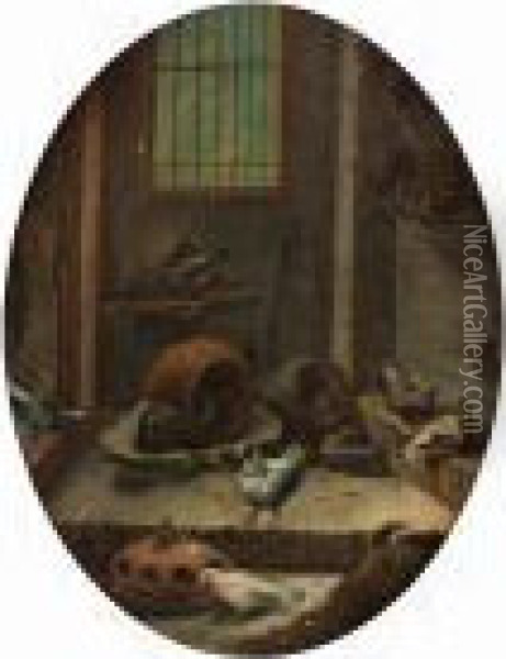 The Interior Of A Dovecote; And A Cockerel And Hens In A Coop Oil Painting - Jacomo (or Victor, Jacobus) Victors