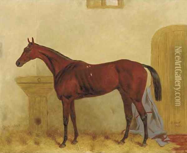Gladiateur a Bay racehorse in a stable Oil Painting - Harry Hall